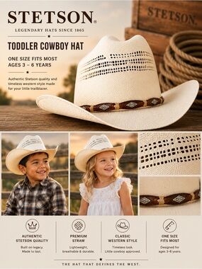 Stetson Toddler Cowboy Hats - Cream Straw with Brown Band - 2 hats included! NWT